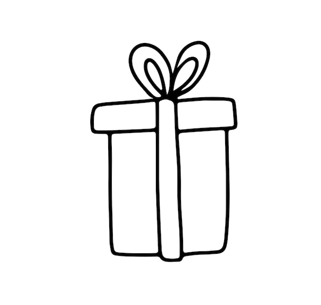 Doodle gift box with bow Hand drawn line illustration isolated on white Surprise for Christmas or birthday
