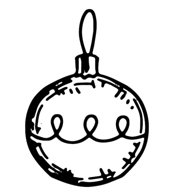 Vector doodle of glass bauble on ribbon outline drawing of christmas tree decoration hand drawn vector illustration single clipart isolated on white