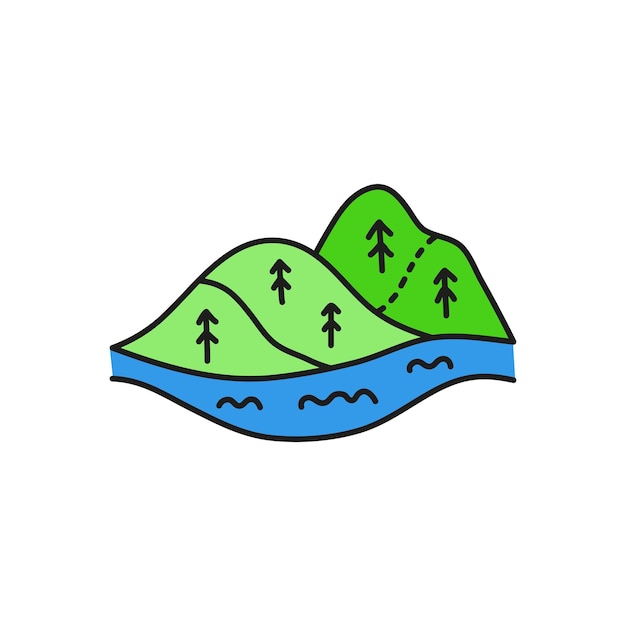Vettore doodle colline verdi con alberi in forma e fiume blu