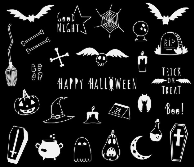 Insieme di elementi di halloween di scarabocchio. collezione di oggetti magici bianchi disegnati a mano, clip art di pipistrelli