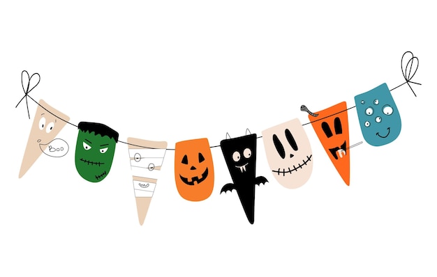 Vettore doodle ghirlanda di halloween con diversi mostri