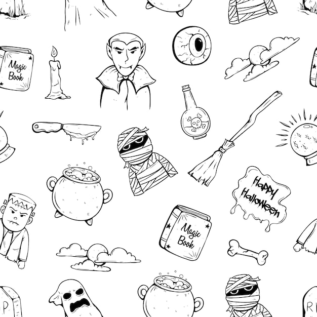 doodle halloween icons in seamless pattern with halloween character and attribute