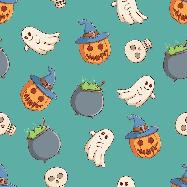 Doodle halloween icons in seamless pattern with halloween pumpkin white ghost cauldron and skull