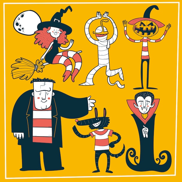 Vector doodle halloween monsters set