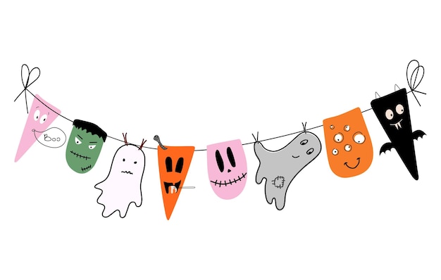 Vector doodle halloween-slinger met verschillende monsters