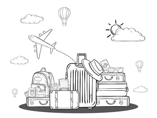 Doodle рука ничья мультфильм багажа и аксессуаров путешествовать по всему миру концепции.