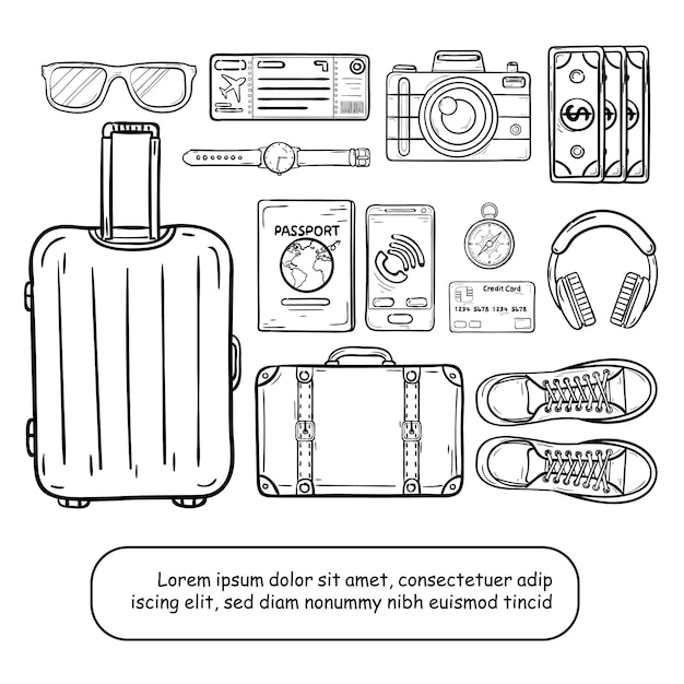 Vector doodle hand draw luggage and accessories travel around the world concept summer.