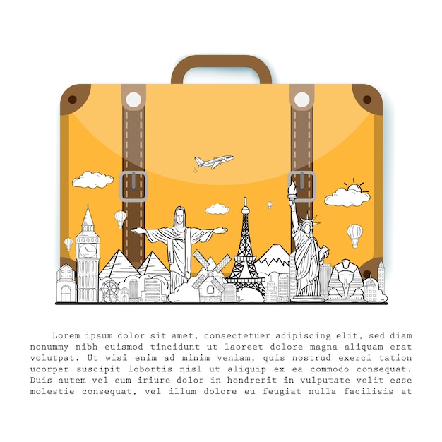 Doodle hand draw traveler with luggage. plane check in point travel accessories around the world concept on Background Design.