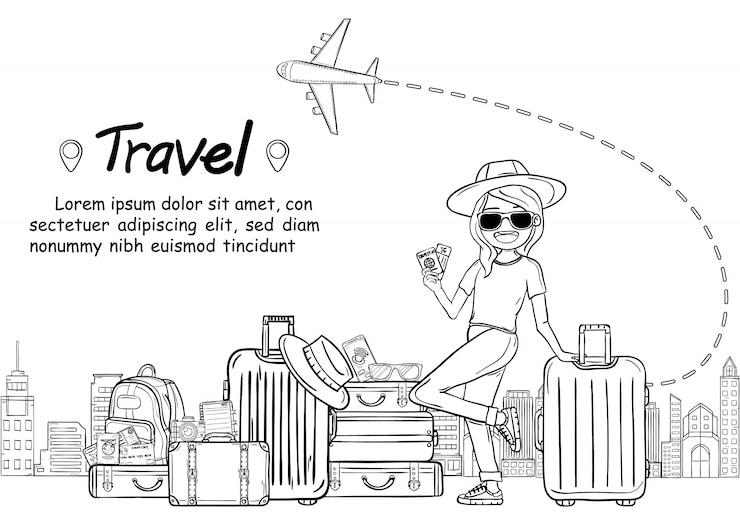 Vector 落書き手描く世界コンセプトの周りの荷物旅行を持つ女性かわいい漫画旅行者。ハンドドロー、