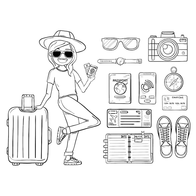 Vettore doodle disegnare a mano viaggiatore della donna con i bagagli.