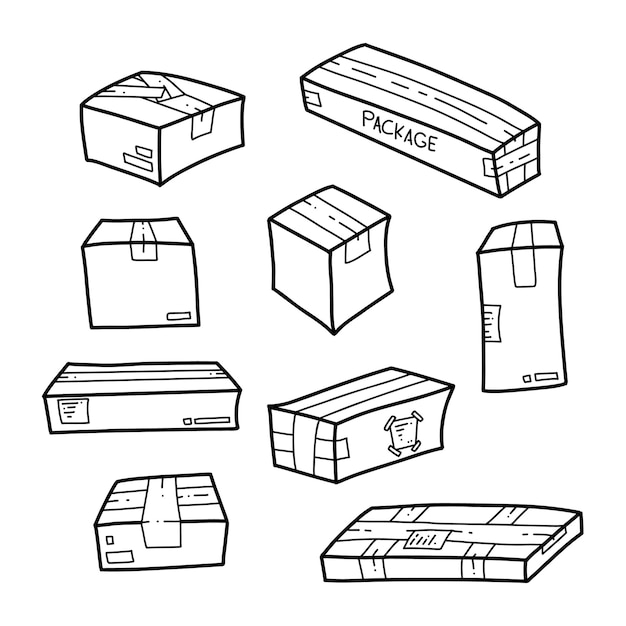 Vector doodle hand drawing package parcel box set outline illustration