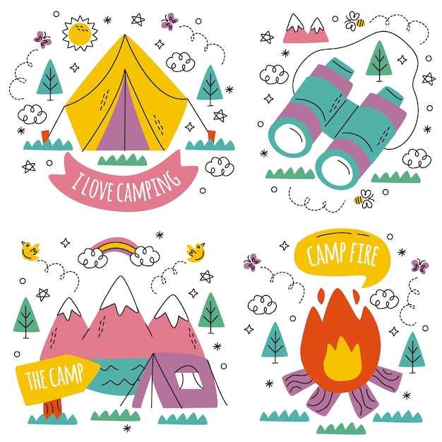 Doodle hand drawn camping stickers