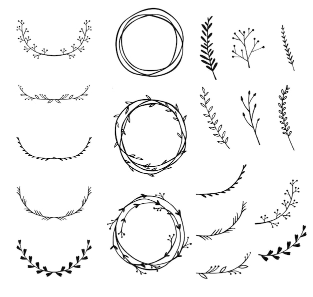 Каракули рисованной цветочные элементы венок ветви границы и рамка с листьями и цветами