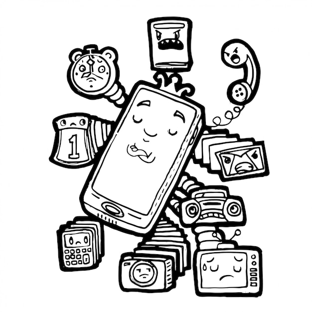 Doodle hand drawn handphone is in control of all media devices