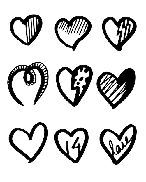 Doodle hand drawn hearts illustration on white background