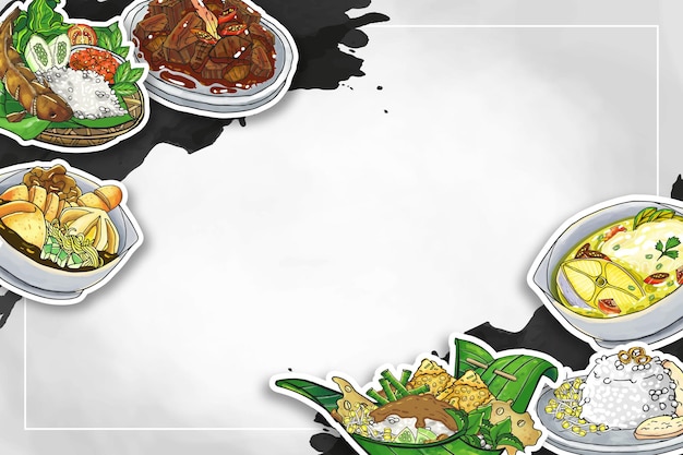 Vector doodle hand drawn indonesian food frame