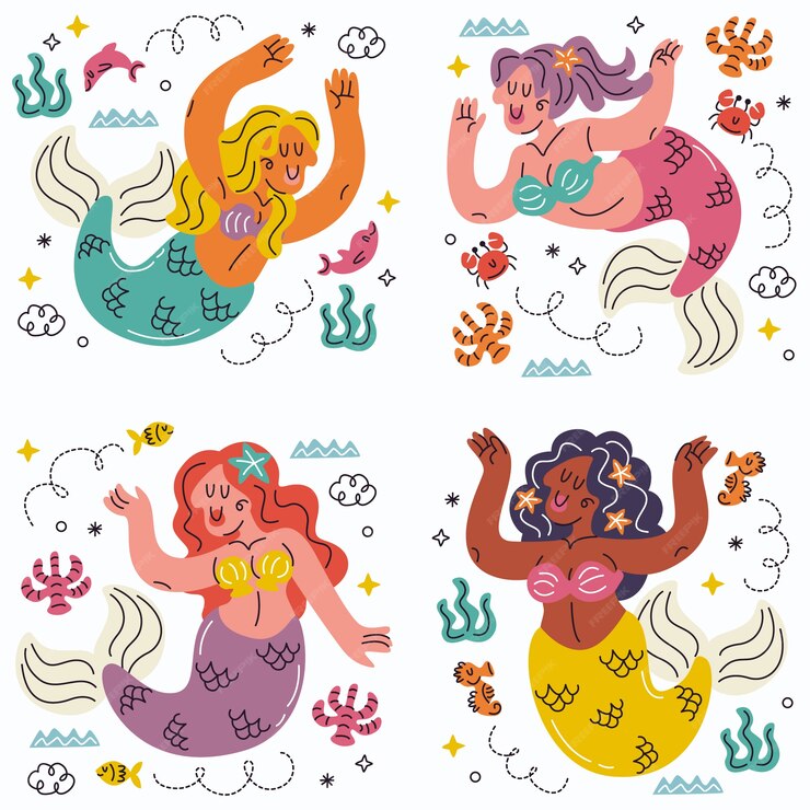 Premium Vector Doodle Hand Drawn Mermaids Stickers