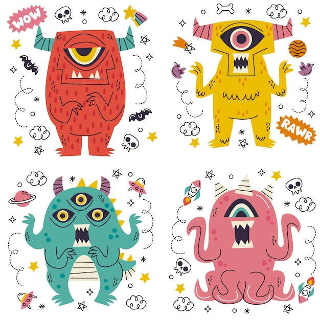 Vector doodle hand drawn monsters stickers collection
