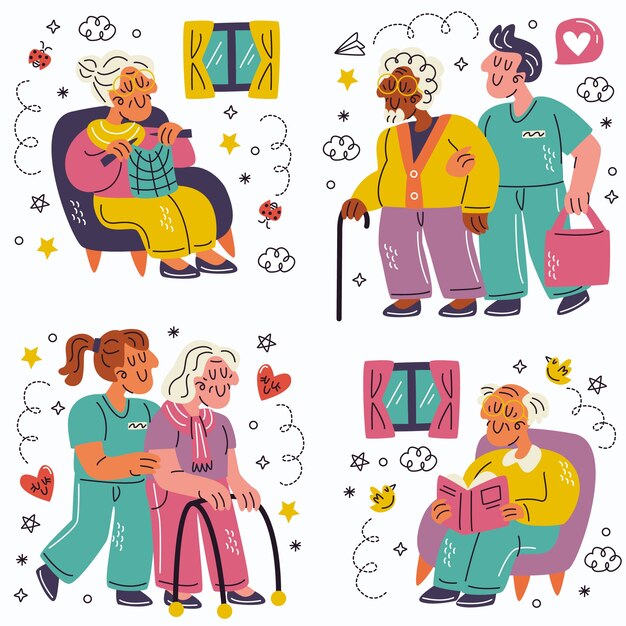 Vector doodle hand drawn nursing home stickers collection