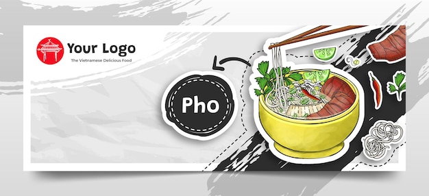 Doodle pho disegnato a mano come sfondo dell'intestazione dei social media del cibo vietnamita