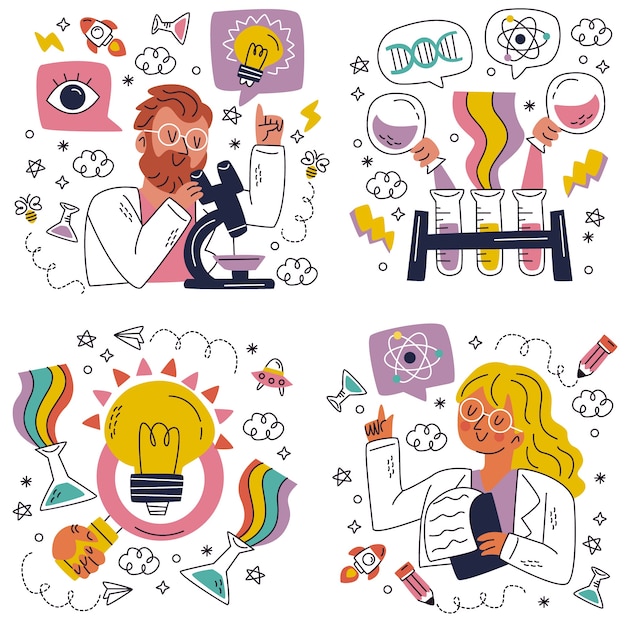 Doodle hand drawn science stickers collection