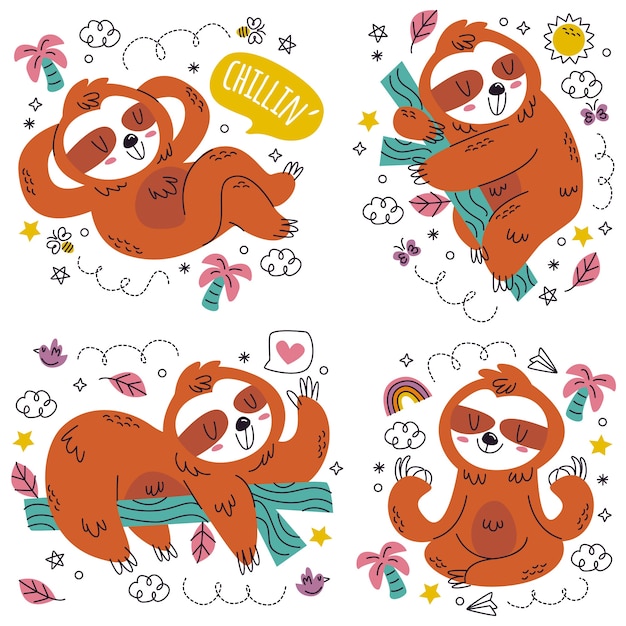 Doodle hand drawn sloth stickers set