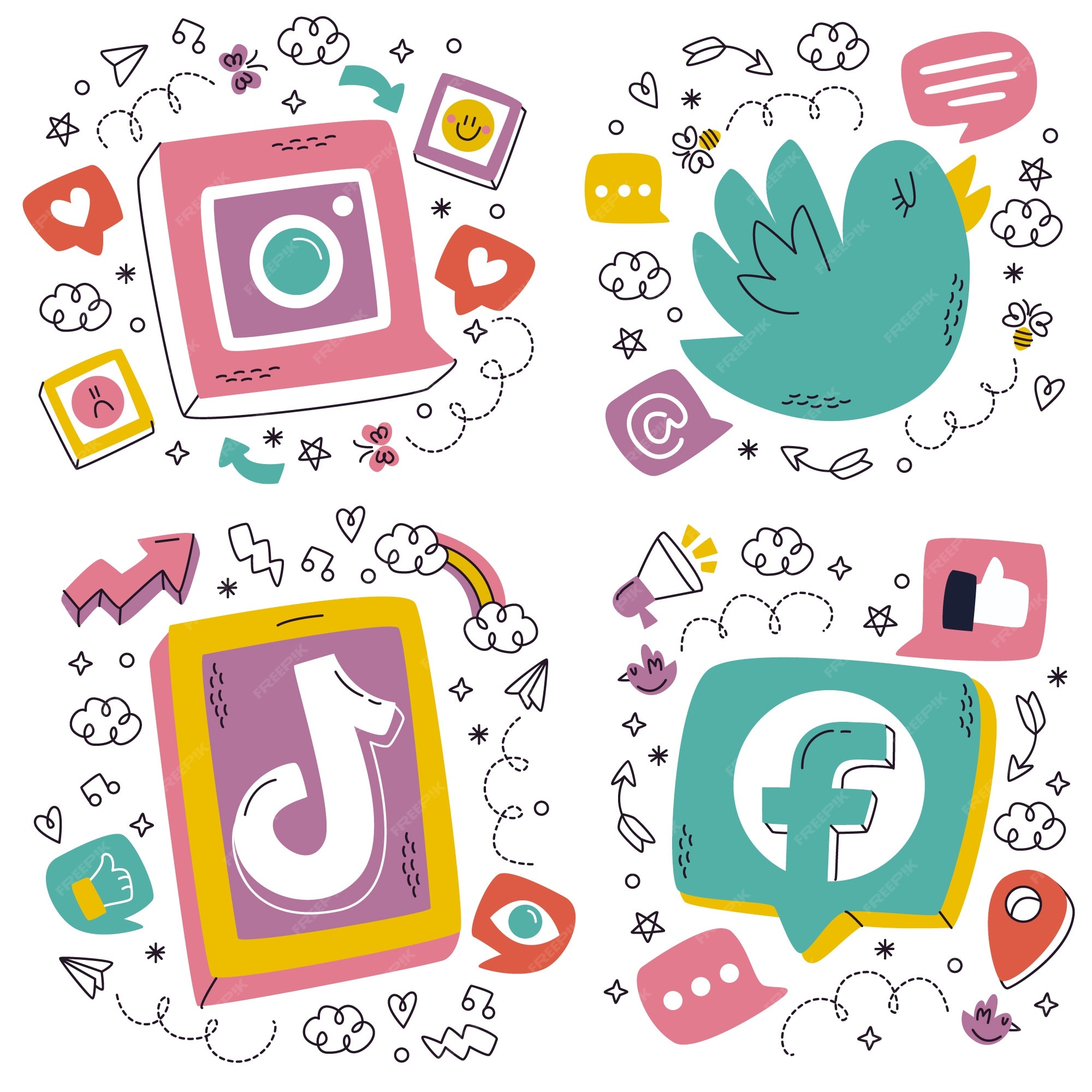 Premium Vector | Doodle hand drawn social media pack stickers