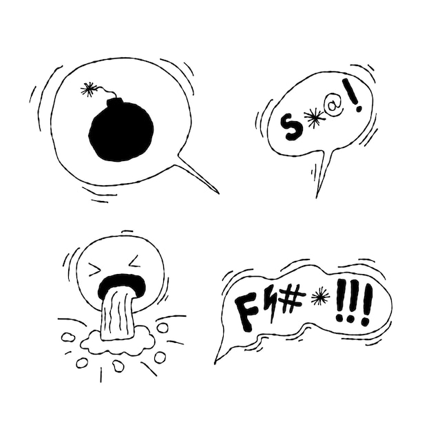 Doodle hand drawn speech bubble with swear words symbols Angry face emoji Comic speech bubble