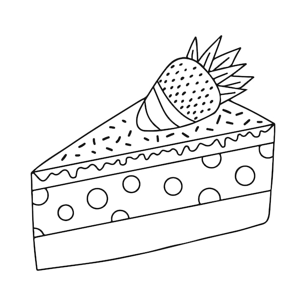 Doodle hand drawn strawberry cake piece with glaze on white background