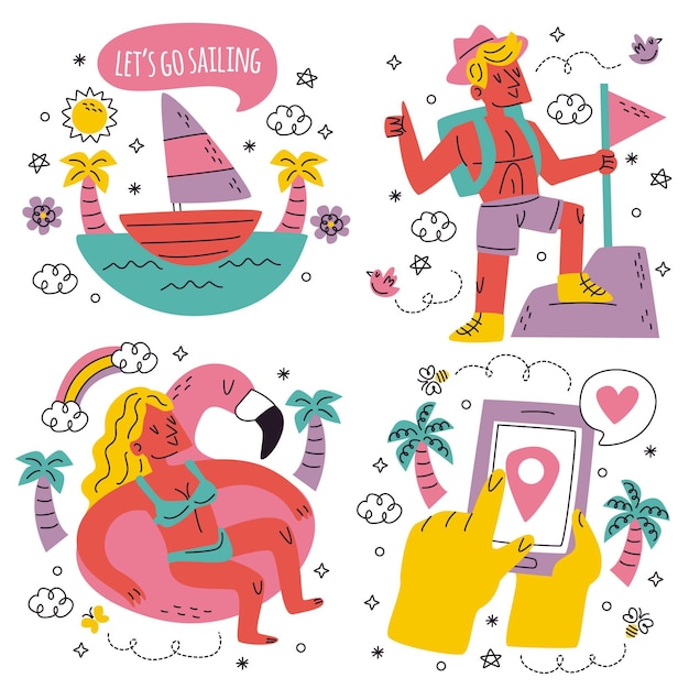 Doodle hand drawn travel stickers collection