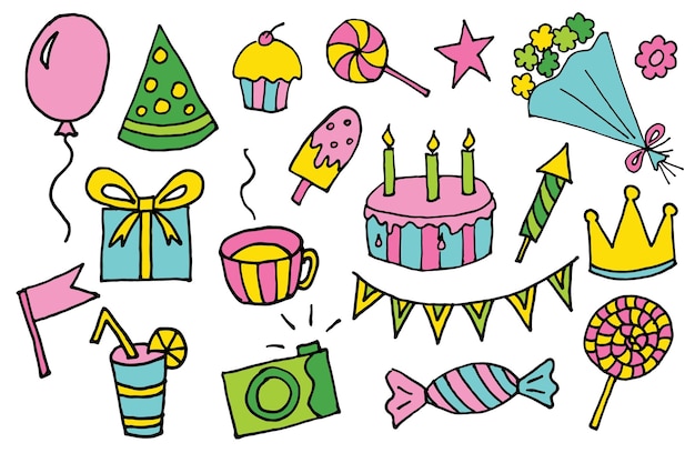 Vector doodle hand drawn vector cartoon birthday elements with gift box lollipop cake and cupcake flowers crown balloon