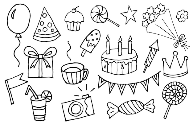 Doodle disegnato a mano elementi di cartone animato vettoriale di compleanno con scatola regalo torta di lecca-lecca e cupcake fiori corona palloncino