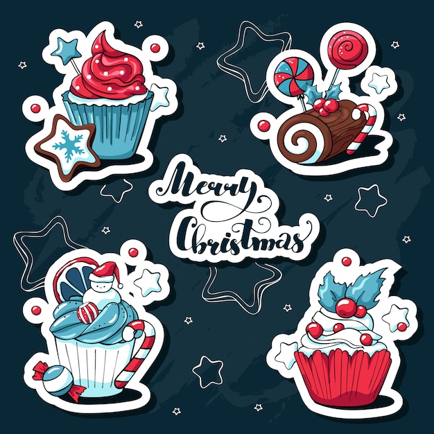 Insieme di vettore disegnato a mano di doodle di simpatici adesivi di natale con cupcakes e dolci ed elementi e scritte di natale