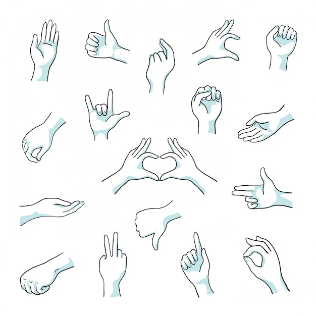 Vector doodle hand gestures. finger fist and arm sketch line signs, numbers thumb up and like gestures. outline hand drawn gestures