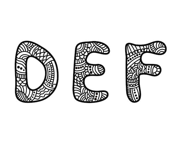 Doodle hand getekende vector alfabet DEF letters Zentangle