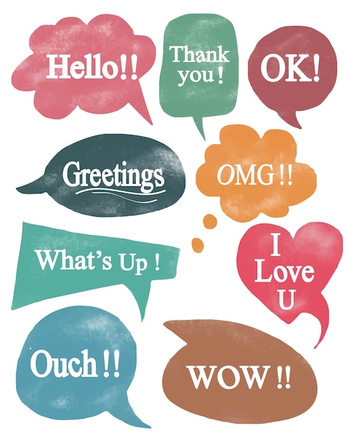 Doodle hand painted set of speech bubbles with handwritten phrases hello wow omg vector illustration