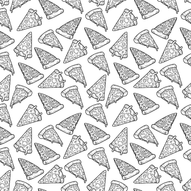 Doodle hand tekenen pizza slice met smeltende kaas naadloze patroon achtergrond