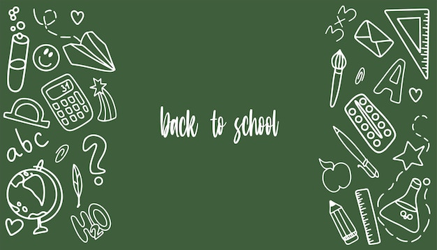 Doodle Handdrawn school supplies on a green background Back to school Vector illustration