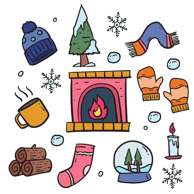 Doodle handdrawn Winter element set collection merry christmas sticker set