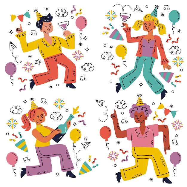 Doodle handgetekende nieuwjaarsfeeststickers