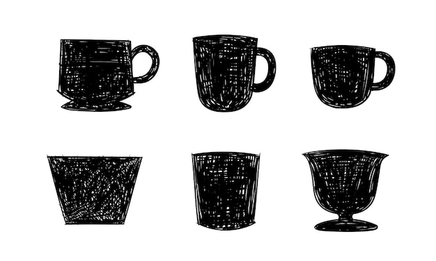 Vector doodle handgetekende set drinkware containers op witte achtergrond