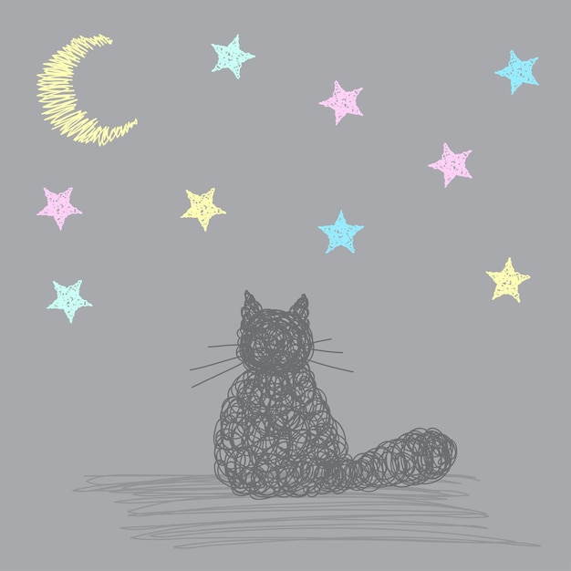 Vector doodle handmade card background template with stars, moon and cat. hand drawn simple graphic cover. funny cartoon illustration.