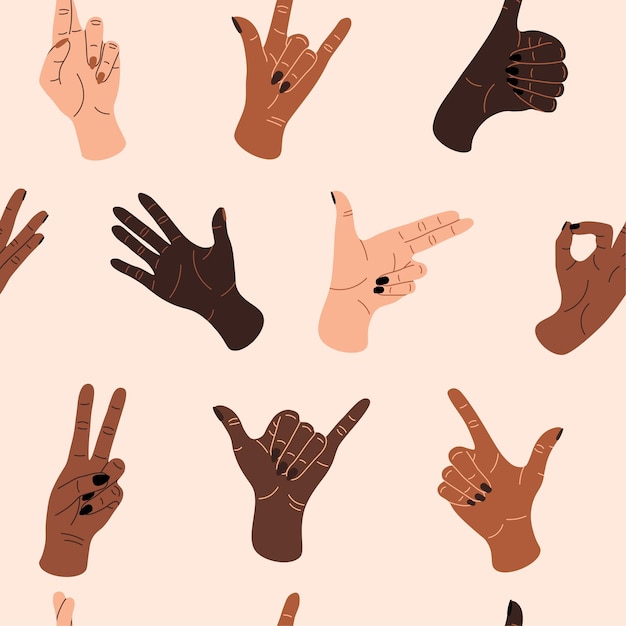 Doodle hands pattern Seamless texture with various divers male and female hands showing different gestures Vector contemporary print