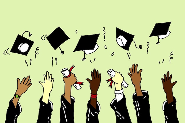 Doodle alza le mani i cappelli di laurea lanciati in aria. illustrazione vettoriale
