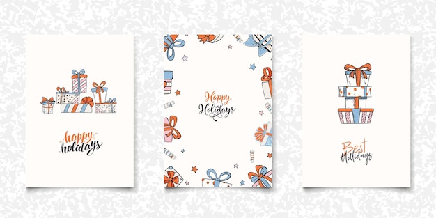 Doodle happy holiday giftbox set cards. Greeting card design template. Art vector graphic illustration. Abstract vintage background. Blue orange gift box postcards. Banner, poster, greeting card