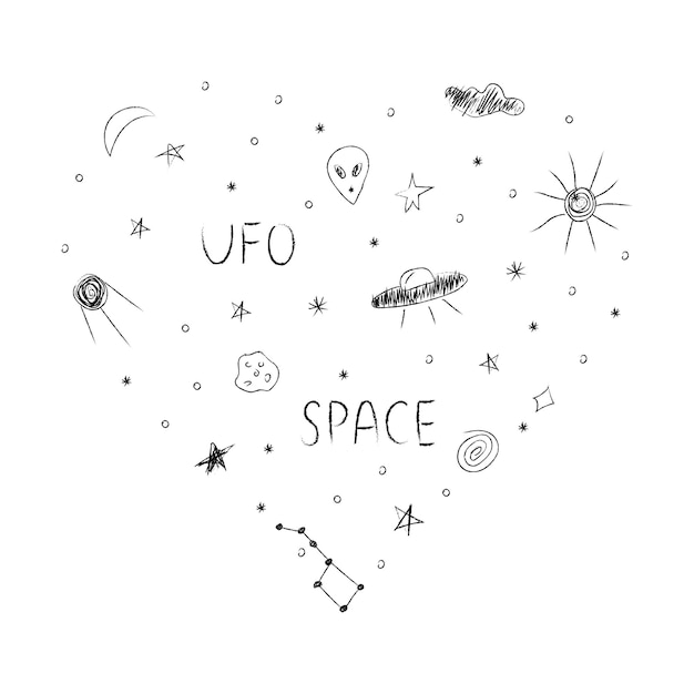 Doodle hartvormige kosmos illustratie in kinderachtige stijl met belettering ontwerp clipart
