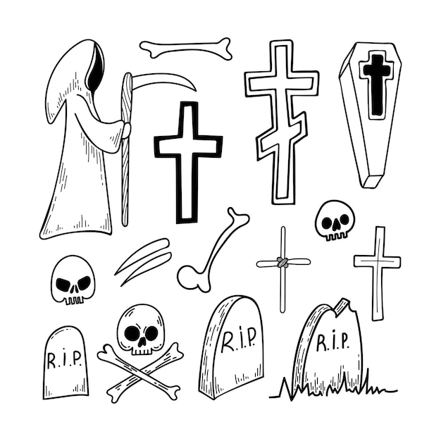 Doodle墓石セット十字頭蓋骨と骨の死の線画古い記念墓地精神の日葬儀死者の魂を取るベクトル手描き要素黒のアウトライン