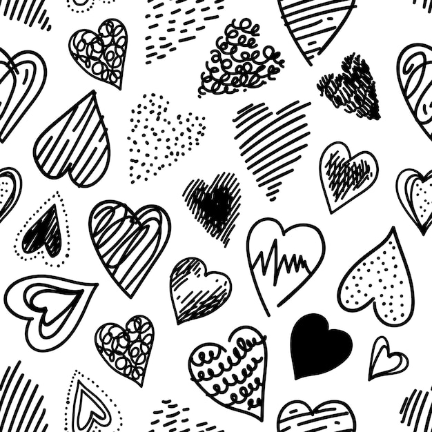 Doodle heart icons seamless patterns freehand drawings backdrop spots drops curves lines