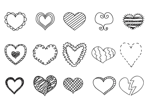 Icone del cuore di doodle impostate illustrazioni vettoriali disegnate a mano