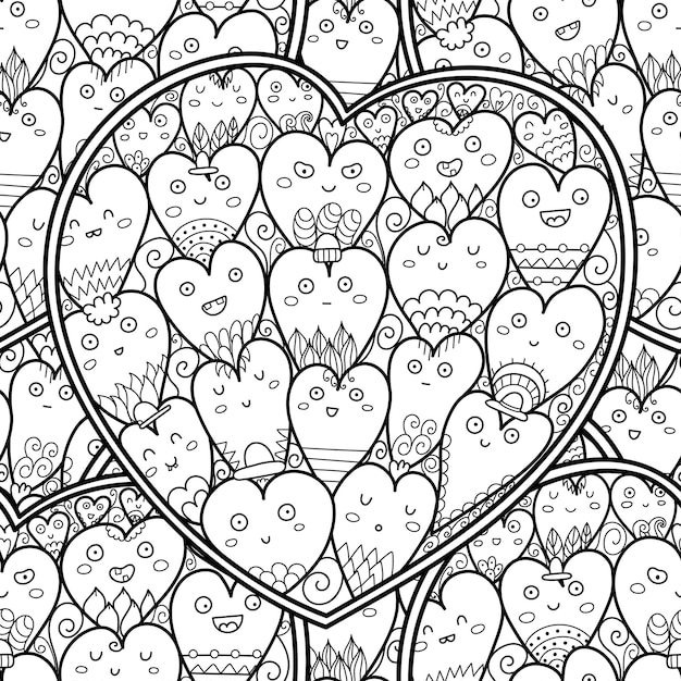 Doodle hearts black and white seamless pattern for coloring book with cute characters Kawaii outline background Cute coloring page for adults and kids Vector illustration